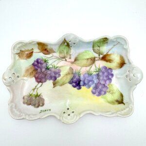 Hand Painted Vintage Grape FlowerTrinket Tray Signed By Zenas 1940s